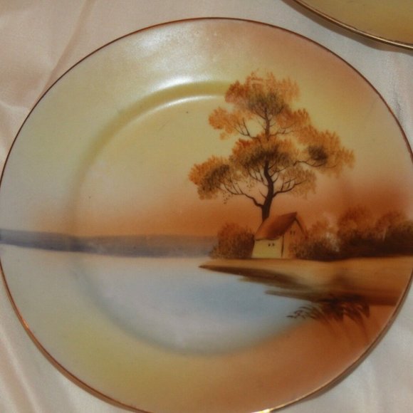 Noritake Vintage Scenic Cake Plate Dishes 7 piece Serving Hand Painted Set - Picture 3 of 5